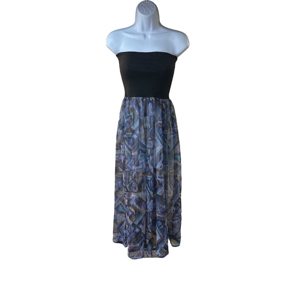 Yes Clothing Co Strapless Tube Dress Boho Midi Black Top Sheer Skirt Y2K READ